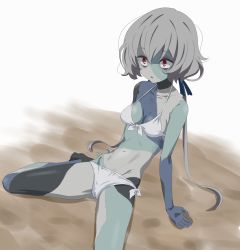 Rule 34 | 10s, 1girl, bags under eyes, barefoot, bikini, breasts, cameltoe, cleavage, collarbone, commentary, dot nose, female focus, grey hair, groin, hair ornament, hair ribbon, konno junko, leaning back, looking away, medium breasts, navel, open mouth, red eyes, ribbon, short hair, side-tie bikini bottom, sincos, sitting, skinny, solo, spread legs, stitched arm, stitched face, stitched leg, stitched torso, stitches, swimsuit, toes, twintails, wariza, white bikini, zombie, zombie land saga