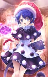 Rule 34 | 1girl, bed, bedroom, black capelet, black dress, blue eyes, blue hair, blush, book, capelet, doremy sweet, dress, eyelashes, goto p, half-closed eyes, hat, holding, holding book, indoors, nightcap, official art, open mouth, pom pom (clothes), red hat, short dress, short hair, sleeveless, sleeveless dress, slime (substance), smile, tail, third-party source, touhou, touhou cannonball, turtleneck, turtleneck dress, two-tone dress, very short hair, white dress