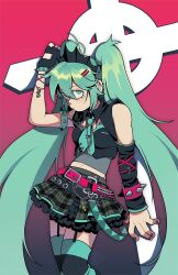 Rule 34 | 1girl, aqua eyes, aqua hair, aqua necktie, arm up, armlet, belt, black gloves, cross, cross necklace, detached sleeves, ear piercing, fingerless gloves, frilled skirt, frills, gloves, gradient background, grey skirt, hair ornament, hairclip, hatsune miku, highres, horizontal-striped thighhighs, jewelry, long hair, midriff, mouth hold, navel, necklace, necktie, oozegod, piercing, pink belt, plaid, plaid skirt, red background, safety pin, single detached sleeve, single fingerless glove, skirt, solo, spiked armlet, thighhighs, twintails, very long hair, vocaloid