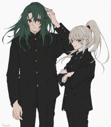 Rule 34 | 2boys, alternate costume, archer (fate/samurai remnant), black jacket, black pants, blue hair, buttons, commentary request, contemporary, crossed arms, fate/samurai remnant, fate (series), gakuran, green hair, grey hair, highres, jacket, long hair, long sleeves, looking at another, male focus, multicolored hair, multiple boys, pants, ponytail, school uniform, signature, simple background, streaked hair, sweatdrop, two-tone hair, very long hair, white background, yellow eyes, yumeko (fgo39625963), zheng chenggong (fate)