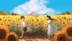 Rule 34 | 1boy, 1girl, absurdres, black hair, black shorts, blue eyes, blue sky, blurry, blurry foreground, brown hair, butterfly net, child, cloud, collared dress, commentary request, day, dress, closed eyes, field, flip-flops, flower, hand net, hat, highres, holding, kanai (nai nai), long hair, looking at another, mountainous horizon, open mouth, original, outdoors, running, sandals, shadow, shirt, short hair, short sleeves, shorts, sky, smile, summer, sun hat, sunflower, t-shirt, white dress, white shirt