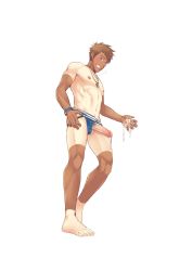 Rule 34 | 1boy, absurdres, blue eyes, blush, bracelet, brown hair, collarbone, dong chen, erection, full body, hand on own hip, highres, jewelry, looking at viewer, male focus, navel, nude, original, pendant, penis, pubic hair, shadow, simple background, smile, solo, standing, tan, tanline, teeth, testicles, toes, veins, veiny penis, white background