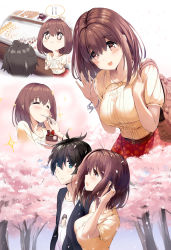 Rule 34 | 1boy, 1girl, absurdres, asalilysuke, bag, bead bracelet, beads, black hair, blouse, blush, bracelet, breasts, brown eyes, cake, casual, cherry blossoms, eating, closed eyes, food, fork, hand up, happy, highres, jewelry, large breasts, looking at viewer, medium hair, open mouth, plate, princess connect!, princess connect!, shirt, smile, sparkle, thought bubble, tree, waving, white shirt, yui (princess connect!), yui (real) (princess connect!), yuuki (princess connect!)