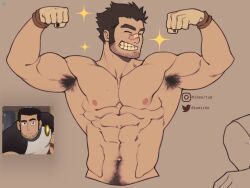 Rule 34 | 1boy, abs, akumicke, armpit hair, armpits, bara, beard stubble, black hair, cropped torso, double biceps pose, facial hair, facing to the side, flexing, grin, highres, large pectorals, lucas lee, male focus, muscular, muscular male, navel, navel hair, nipples, nude, pectorals, scott pilgrim (series), scott pilgrim takes off, screenshot inset, short hair, sideways mouth, smile, solo, sparkling aura, stomach, stubble, thick eyebrows, thick navel hair