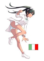 Rule 34 | 1girl, ass, bad id, bad pixiv id, black neckwear, blush, breasts, choker, closed mouth, francesca lucchini, from side, full body, green eyes, green hair, hair ornament, hair ribbon, highres, italian flag, long hair, military, military uniform, panties, ribbon, simple background, small breasts, smile, solo, strike witches, striped clothes, striped panties, twintails, underwear, uniform, white background, white footwear, world witches series