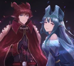 Rule 34 | 1boy, 1girl, armor, blue eyes, blue hair, blush, breasts, cape, dragon, earrings, elbow gloves, eliwood (fire emblem), fire emblem, fire emblem: the blazing blade, gloves, hair ornament, headband, jewelry, leonmandala, long hair, looking at viewer, lunastra, medium breasts, monster hunter (series), ninian, nintendo, pointy ears, red hair, scales, short hair, simple background, smile, sword, teostra, weapon