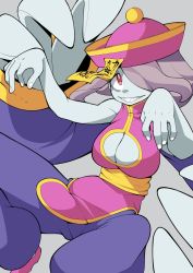 Rule 34 | 1girl, alternate breast size, breasts, capcom, chinese clothes, cleavage, cleavage cutout, clothing cutout, commentary request, cosplay, crossover, curvy, dress, grey background, hair over one eye, hat, highres, jiangshi costume, large breasts, lei lei, lei lei (cosplay), little witch academia, ofuda, outstretched arms, pale skin, pink dress, pink footwear, pink hair, pink hat, popopo, red eyes, sharp teeth, simple background, smile, solo, sucy manbavaran, teeth, vampire (game), zombie pose