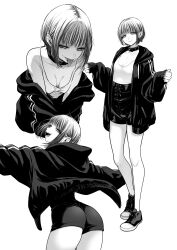 Rule 34 | 1girl, ass, bob cut, breasts, choker, cleavage, cross-laced clothes, cross-laced shorts, fumitan (humitan), greyscale, high-waist shorts, highres, hood, hooded jacket, jacket, leaning forward, legs, looking back, mole, mole under eye, monochrome, naughty face, off shoulder, open clothes, open jacket, original, outstretched arms, plug (piercing), shoes, short shorts, shorts, sleeves past wrists, small breasts, smile, solo, spread arms, standing, tongue, tongue out