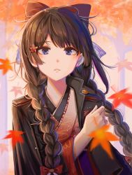 Rule 34 | 1girl, absurdres, ahoge, autumn, autumn leaves, black coat, blunt bangs, braid, brown hair, coat, dot nose, falling leaves, flat chest, hand on own chest, hand up, highres, ibuki (ibuki0118), japanese clothes, kimono, leaf, light blush, long hair, looking at viewer, motion blur, nijisanji, orange background, parted lips, purple eyes, red kimono, solo, tree, tsukino mito, tsukino mito (4th costume), twin braids, twintails, virtual youtuber