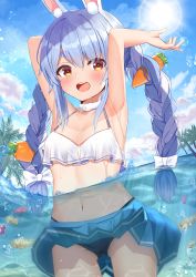 Rule 34 | 1girl, alternate costume, animal ear fluff, armpits, arms up, beach, bikini, bikini skirt, black bikini, blue hair, blue sky, braid, breasts, cleavage, cloud, commentary request, fish, gluteal fold, highres, hololive, multicolored hair, navel, ocean, outdoors, palm tree, partially submerged, partially underwater shot, sidelocks, sky, small breasts, solo, standing, stomach, sun, sunlight, swept bangs, swimsuit, thick eyebrows, thigh gap, tree, tropical fish, twin braids, twintails, two-tone hair, underwater, usada pekora, virtual youtuber, wading, water, white bikini, white hair, yuutii