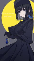 Rule 34 | 1girl, absurdres, animal, animal on shoulder, bird, bird on shoulder, black capelet, black dress, black eyes, black hair, blue bird, capelet, character name, copyright name, dress, fate/grand order, fate (series), fur-trimmed capelet, fur-trimmed headwear, fur hat, fur trim, gloves, hat, highres, holding, kuonji alice, long sleeves, looking at viewer, lost robin rondo, mahou tsukai no yoru, short hair, solo, user ugch2557, ushanka