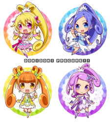 Rule 34 | 4girls, :d, aida mana, arm warmers, bike shorts, blonde hair, blue bow, blue eyes, blue hair, boots, bow, bracelet, brooch, brown hair, chibi, choker, copyright name, cure diamond, cure heart, cure rosetta, cure sword, curly hair, dokidoki! precure, double bun, dress, flower, hair bun, hair flower, hair ornament, hairpin, half updo, heart, heart brooch, heart hair ornament, hishikawa rikka, jewelry, katsuma rei, kenzaki makoto, knee boots, long hair, magical girl, multiple girls, no nose, open mouth, outstretched arms, pink bow, pink eyes, ponytail, precure, purple eyes, purple footwear, purple hair, purple legwear, purple skirt, shoes, short hair, shorts, shorts under skirt, side ponytail, skirt, smile, spade hair ornament, spread arms, standing, standing on one leg, thigh boots, thighhighs, twintails, waist bow, yotsuba alice