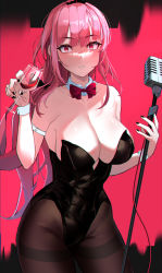 Rule 34 | 1girl, absurdres, alcohol, arm strap, bare shoulders, black bow, black leotard, black nails, blunt bangs, blush, bow, bowtie, breasts, brown pantyhose, cleavage, collarbone, covered navel, cowboy shot, cup, detached collar, drink, drinking glass, hair bow, highres, holding, holding cup, hololive, hololive english, large breasts, leotard, lessone, long hair, looking at viewer, low ponytail, microphone stand, mori calliope, nail polish, pantyhose, parted lips, pink background, pink eyes, pink hair, playboy bunny, red bow, red bowtie, solo, strapless, strapless leotard, thighband pantyhose, tiara, two-tone background, very long hair, virtual youtuber, wide-eyed, wine, wine glass, wrist cuffs