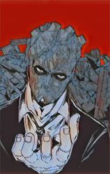 Rule 34 | 1boy, crack, cross goli, debris, dorohedoro, fingernails, formal, heart, highres, jpeg artifacts, male focus, mask, necktie, red background, solo, stitched hand, stitches, suit, upper body