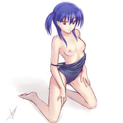 Rule 34 | 1girl, atomix, blue hair, breasts, clothes pull, feet, kneeling, legs, looking at viewer, nipples, off shoulder, one-piece swimsuit, one-piece swimsuit pull, small breasts, solo, strap slip, swimsuit, topless