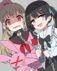 Rule 34 | 2girls, @ @, black bow, black bowtie, black hair, black sailor collar, black skirt, blue eyes, blue ribbon, blush, bow, bowtie, chain, commentary, cowboy shot, drill hair, frilled shirt, frills, grey background, grey shirt, hair ornament, hair ribbon, jirai kei, light brown hair, long hair, long sleeves, looking at viewer, multiple girls, natori sana, neckerchief, nijisanji, official alternate costume, official alternate hairstyle, open mouth, pink sweater, rabbit hair ornament, red eyes, red neckerchief, ribbon, sailor collar, sana channel, shaded face, shirt, simple background, skirt, small sweatdrop, smile, sou (tuhut), standing, sweater, tsukino mito, tsukino mito (14th costume), twin drills, twintails, virtual youtuber, wavy mouth