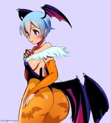 Rule 34 | 1girl, alternate color, alternate hair color, animal print, ass, bare shoulders, bat print, blue eyes, blue hair, blush, breasts, capcom, cosplay, d-ryuu, demon girl, halloween, large breasts, leotard, lilith aensland, matching hair/eyes, open mouth, pantyhose, print pantyhose, purple background, recolor, short hair, sideboob, simple background, solo, standing, thong, thong leotard, twitter username, vampire (game), wings