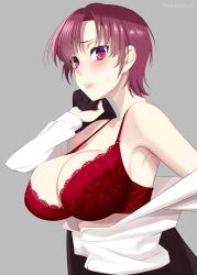Rule 34 | 1girl, bazett fraga mcremitz, bra, breasts, fate/hollow ataraxia, fate (series), highres, lace, lace-trimmed bra, lace trim, large breasts, looking at viewer, mattari yufi, parted bangs, red bra, red eyes, red hair, short hair, underwear