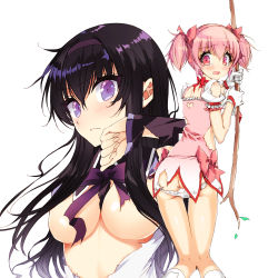 Rule 34 | 2girls, absurdres, akemi homura, akemi homura (magical girl), ass, bad id, bad pixiv id, bare arms, bare legs, bow, bowtie, breasts, closed mouth, convenient censoring, furrowed brow, gloves, hair between eyes, hair ribbon, hand up, hands up, highres, holding, kaname madoka, kaname madoka (magical girl), long hair, long sleeves, looking at viewer, magical girl, mahou shoujo madoka magica, mahou shoujo madoka magica (anime), medium breasts, medium hair, misteor, multiple girls, no bra, open mouth, panties, pink eyes, pink hair, puffy short sleeves, puffy sleeves, purple eyes, purple hair, ribbon, shiny skin, shirt, short sleeves, sidelocks, simple background, stomach, tearing up, thigh gap, torn clothes, torn shirt, torn sleeves, twintails, two side up, underboob, underwear, white background, white panties