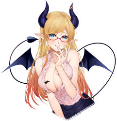 Rule 34 | 1girl, absurdres, bare arms, bare shoulders, blonde hair, blue eyes, blush, breasts, center frills, cleavage, commentary, cropped legs, demon girl, demon horns, demon tail, demon wings, fingernails, frilled shirt, frills, glasses, gradient hair, highres, hololive, horns, large breasts, long hair, looking at viewer, multicolored hair, no bra, orange hair, parted lips, pink shirt, pointy ears, shirt, simple background, sleeveless, sleeveless shirt, smile, solo, tail, tail raised, virtual youtuber, white background, wings, yuya (yuya illust), yuzuki choco, yuzuki choco (1st costume)
