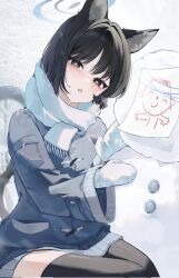 Rule 34 | 1girl, :o, animal ears, black eyes, black hair, black thighhighs, blue archive, blue halo, blue jacket, blush, cat ears, cat tail, commentary, drawing, eyeshadow, grey skirt, halo, head tilt, highres, jacket, jaduade, kikyou (blue archive), long sleeves, looking at viewer, makeup, mittens, open mouth, pleated skirt, red eyeshadow, scarf, sensei (blue archive), short hair, simple background, sitting, skirt, snow, snowman, solo, swept bangs, tail, thighhighs, white mittens, white scarf