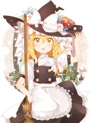 Rule 34 | 1girl, apron, arm up, black hat, black skirt, black vest, blonde hair, blue flower, blush, bow, braid, broom, commentary request, flower, frilled apron, frills, hair between eyes, hair bow, hand on headwear, hat, hat bow, hat flower, highres, kirisame marisa, long hair, orange eyes, parted lips, puffy short sleeves, puffy sleeves, red flower, red rose, rose, shirt, shitada, short sleeves, skirt, solo, touhou, vest, waist apron, white apron, white bow, white flower, white shirt, witch hat