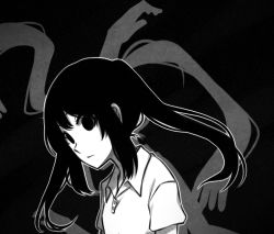 Rule 34 | 1girl, black background, black eyes, black hair, black theme, colored skin, commentary, english commentary, greyscale, long hair, looking at viewer, monochrome, monoko, no pupils, outline, shirt, short sleeves, simple background, solo, speckticuls, twintails, white outline, white shirt, white skin, wing collar, yume nikki