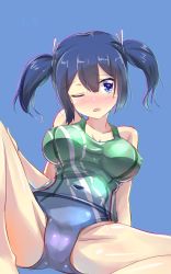 Rule 34 | 10s, 1girl, bare shoulders, blue background, blue eyes, blue hair, blush, breasts, character name, collarbone, commentary request, covered erect nipples, covered navel, eyebrows, hair between eyes, hair ornament, kantai collection, large breasts, lzd, matching hair/eyes, nose blush, one-hour drawing challenge, one-piece swimsuit, one eye closed, simple background, solo, souryuu (kancolle), swimsuit, thighs, twintails, twitter username