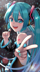 Rule 34 | 1girl, 39, :d, absurdres, aqua eyes, aqua hair, aqua nails, dated, detached sleeves, foreshortening, from side, glowstick, hatsune miku, highres, long hair, nail polish, open mouth, penlight (glowstick), signature, smile, solo, tattoo, tatyaoekaki, twintails, upper body, v, vocaloid