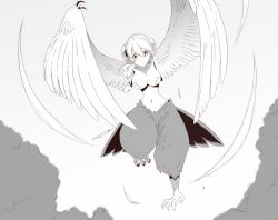 Rule 34 | 1girl, animal feet, bird legs, braid, breasts, claws, commentary request, feathers, flying, hair between eyes, hairband, harpy, large breasts, lee xianshang, long hair, monochrome, monster girl, narrow waist, navel, original, single braid, solo, tail, talons