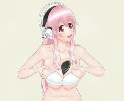 Rule 34 | 1girl, between breasts, bikini, blaccura, blush, breasts, cleavage, female focus, handheld game console, headphones, highres, large breasts, long hair, looking at viewer, navel, nitroplus, open mouth, pink hair, playstation vita, red eyes, smile, solo, super sonico, swimsuit