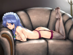 Rule 34 | 1girl, ass, black thighhighs, blue eyes, blue hair, braid, breast hold, breasts, casual nudity, couch, covering privates, covering breasts, feet, female focus, fishnets, garter belt, hairband, highres, izayoi sakuya, legs up, lingerie, long legs, lying, maid cap, maid headdress, matching hair/eyes, no bra, nude, nude cover, rasukaru, ribbon, short hair, soles, solo, thighhighs, toes, touhou, twin braids, underwear