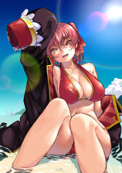 Rule 34 | 1girl, bikini, black coat, blush, breasts, coat, day, hair between eyes, hair ribbon, heterochromia, highres, hololive, houshou marine, houshou marine (summer), koubou (cowbow kun), large breasts, lens flare, long hair, looking at viewer, off shoulder, open clothes, open coat, open mouth, red bikini, red eyes, red hair, ribbon, sitting, sky, sleeves past fingers, sleeves past wrists, smile, solo, sun, swimsuit, twintails, virtual youtuber, water, wet, wet clothes, yellow eyes