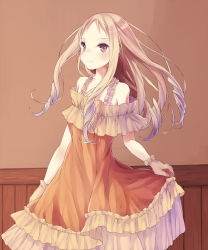 Rule 34 | 1girl, brown eyes, brown gloves, brown hair, casual, clothes lift, dress, frilled dress, frills, gloves, highres, long hair, looking at viewer, original, skirt, skirt lift, smile, solo, tamaki iori