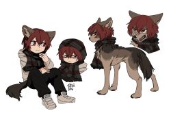 Rule 34 | 1boy, animal, animal ears, animalization, artist name, black pants, black scarf, child, closed mouth, deviidog0, full body, highres, hood, hood down, hooded jacket, jacket, looking to the side, male focus, multiple views, original, pants, red eyes, red hair, scarf, shoes, short hair, simple background, sitting, sneakers, tail, white background, wolf, wolf boy, wolf ears, wolf tail