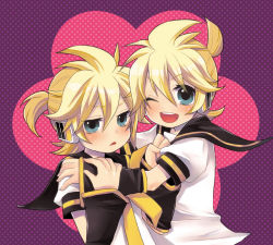 Rule 34 | 2boys, :&lt;, bad id, bad pixiv id, blonde hair, blue eyes, blush, child, clone, dual persona, kagamine len, male focus, multiple boys, necktie, one eye closed, open mouth, short hair, simple background, smile, vocaloid, yaoi, yellow necktie, yomorin