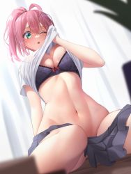 Rule 34 | 1girl, ;o, absurdres, ahoge, black bra, black skirt, bra, breasts, clothes lift, clothes pull, copyright request, curtains, highres, kay yu, large breasts, lifted by self, navel, one eye closed, pink hair, pleated skirt, ponytail, shirt, shirt lift, short hair, skirt, skirt pull, stomach, sweat, underwear, white shirt
