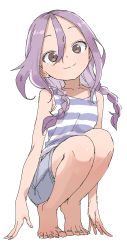 Rule 34 | 1girl, bare arms, bare shoulders, barefoot, blue shorts, braid, brown eyes, closed mouth, commentary request, denim, denim shorts, hair between eyes, hair over shoulder, head tilt, highres, long hair, looking at viewer, parted bangs, purple hair, short shorts, shorts, simple background, smile, solo, soredemo ayumu wa yosetekuru, squatting, striped, striped tank top, tank top, tiptoes, twin braids, white background, yamamoto souichirou, yaotome urushi