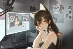 Rule 34 | 1girl, absurdres, animal ears, bare shoulders, black shirt, blush, breasts, brown hair, choker, closed mouth, computer, dm (dai miao), ear piercing, earrings, hair between eyes, hair ornament, hair ribbon, hand on own cheek, hand on own face, highres, indoors, jewelry, long hair, looking at viewer, medium breasts, monitor, original, piercing, recurring image, recursion, red eyes, red ribbon, ribbon, room, shirt, sidelocks, sitting, sleeveless, smile, solo
