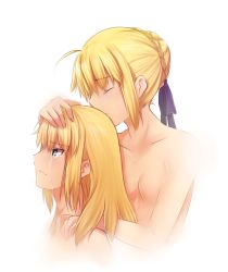 Rule 34 | 2girls, ahoge, artoria pendragon (all), artoria pendragon (fate), bare arms, bare shoulders, blonde hair, blue ribbon, blush, braid, breasts, cleavage, closed eyes, collarbone, comforting, crying, crying with eyes open, fate/apocrypha, fate/stay night, fate (series), french braid, green eyes, hair bun, hair down, hair ribbon, hand on another&#039;s head, hand on another&#039;s shoulder, hug, hug from behind, kiss, kissing hair, long hair, looking away, looking to the side, looking up, mordred (fate), mordred (fate/apocrypha), mother and daughter, multiple girls, nude, parent and child, parted lips, ribbon, saber (fate), sad, simple background, single hair bun, small breasts, tears, tusia, upper body, white background
