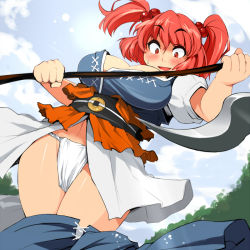 Rule 34 | 1girl, ario, blush, breasts, cleavage, female focus, fundoshi, hair bobbles, hair ornament, japanese clothes, large breasts, onozuka komachi, red eyes, red hair, scythe, solo, touhou, twintails, two side up, wardrobe malfunction