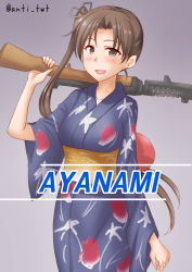 Rule 34 | 1girl, anti (untea9), ayanami (kancolle), blue background, blue kimono, brown eyes, brown hair, character name, floral print, gradient background, gun, highres, holding, holding weapon, japanese clothes, kantai collection, kimono, long hair, looking at viewer, official alternate costume, rifle, shotgun, side ponytail, solo, twitter username, weapon, yukata
