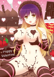 Rule 34 | 1girl, blonde hair, body writing, breast lift, breasts, brown thighhighs, cake, candy, cherry, chocolate, chocolate bar, chocolate cake, chocolate heart, chocolate on body, chocolate on breasts, chocolate on pussy, choker, cpu (hexivision), dirty, elbow gloves, english text, food, food on body, fruit, gloves, grabbing, grabbing another&#039;s breast, gradient hair, happy, happy valentine, heart, heart pasties, hijiri byakuren, in food, large breasts, long hair, looking at viewer, messy, mini person, minigirl, multicolored hair, naked chocolate, nude, open mouth, pasties, purple hair, sitting, smile, solo, stain, strawberry, text focus, thighhighs, touhou, two-tone hair, valentine, wariza, yellow eyes