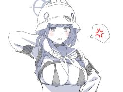 Rule 34 | 1girl, anger vein, blue archive, blush, bra, breasts, clothes lift, egetsu nee na, helmet, highres, large breasts, lifting own clothes, long sleeves, monochrome, sailor collar, saki (blue archive), school uniform, serafuku, shirt lift, short hair, simple background, solo, spoken anger vein, underwear, upper body, white background