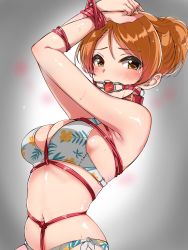 Rule 34 | 1girl, armpits, arms up, bdsm, bikini, blush, bondage, bound, bound arms, bound wrists, breast bondage, breasts, brown hair, cleavage, collar, crotch rope, floral print, gag, gagged, gradient background, grey background, hair between eyes, highres, hojo karen, idolmaster, idolmaster cinderella girls, looking at viewer, looking to the side, medium breasts, murabito c, open mouth, parted bangs, ponytail, ring gag, rope, shibari, shiny skin, short ponytail, side-tie bikini bottom, skindentation, slave, solo, sweat, swimsuit, tongue, tongue out, white background, white bikini, yellow eyes