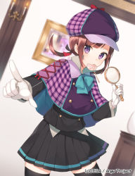 Rule 34 | 10s, 1girl, ange vierge, blush, brown hair, candy, capelet, deerstalker, gloves, hat, lollipop, long hair, looking at viewer, midorikawa you, mouth hold, original, pointing, purple eyes, skirt, solo, thighhighs