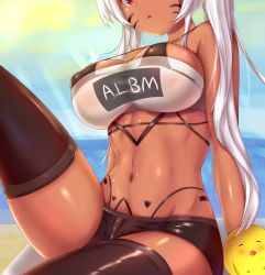 Rule 34 | 1girl, absurdres, alabama (azur lane), arm support, azur lane, bad id, bad pixiv id, bandeau, bare shoulders, bikini, bikini under clothes, bird, black bikini, black shorts, black thighhighs, blurry, blurry background, bodypaint, breasts, bug, butterfly, chick, clothes writing, covered erect nipples, dark-skinned female, dark skin, day, facepaint, head out of frame, highleg, highleg bikini, highres, horizon, insect, knee up, large breasts, long hair, looking at animal, looking down, manjuu (azur lane), native american, ocean, outdoors, parted lips, red eyes, shiny skin, short shorts, shorts, sidelocks, sitting, strap gap, strapless, sunlight, swimsuit, thighhighs, thighs, thong bikini, triangle mouth, tube top, twintails, user jtp7295, white hair
