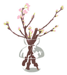 Rule 34 | blending, branch, bud, cherry blossoms, flower, hirasawa minami, no humans, no lineart, original, partially immersed, photo-referenced, pink flower, plant, refraction, simple background, still life, transparent, vase, water, white background