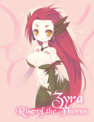 Rule 34 | 1girl, breasts, character name, konatsu miyu, large breasts, league of legends, long hair, looking at viewer, red hair, smile, solo, yellow eyes, zyra