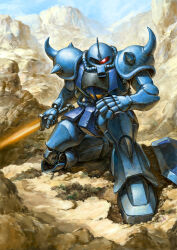 Rule 34 | absurdres, commentary request, day, desert, energy sword, glowing, glowing eye, gouf, ground shatter, gundam, highres, holding, holding sword, holding weapon, horns, looking at viewer, mecha, mecha focus, mobile suit, mobile suit gundam, mountain, no humans, on one knee, outdoors, painting (medium), red eyes, robot, science fiction, shield, shoulder spikes, single horn, solo, spikes, sword, traditional media, valley, watercolor (medium), weapon, youkoumori